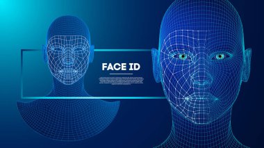 Robot mavi gözler detaylı iris ve öğrenci ile android. Sensör ve yüz kimliği ile yüz tanıma kavramı. 3D tarama.