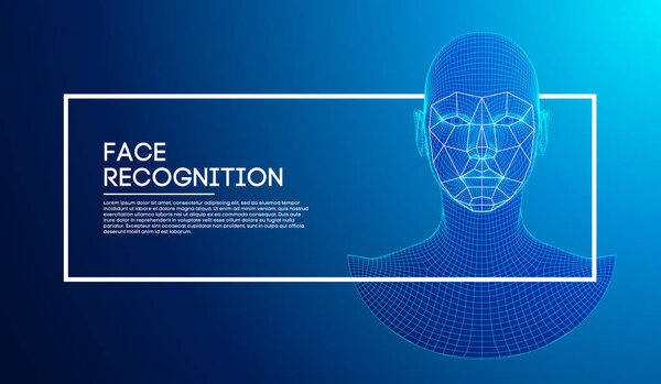 Robot blue eyes android with detailed iris and pupil. Facial recognition concept with sensor and face identity. 3D scanning.