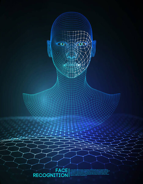 Robot blue eyes android with detailed iris and pupil. Facial recognition concept with sensor and face identity. 3D scanning.