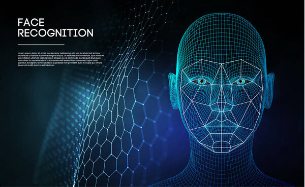 Robot blue eyes android with detailed iris and pupil. Facial recognition concept with sensor and face identity. 3D scanning.