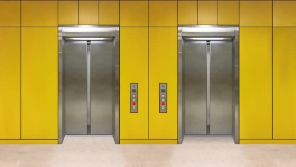 Glijdende stalen deur Lift open met liftinterieur. Kantoorgebouw met gele wanden. — Stockvideo