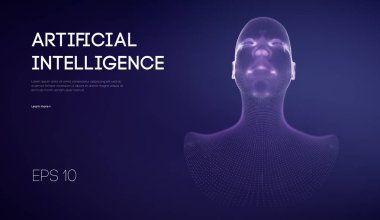 Ai dijital beyin. Yapay zeka konsepti. Robot dijital bilgisayar yorumlamasında insan kafası. Kablo çerçeve başı kavramı.