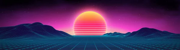 Retro-Hintergrund futuristische Landschaft 1980er Jahre Stil. Digitale Retro-Landschaft Cyber-Oberfläche. 80er Jahre Party-Hintergrund. Retro-80er-Jahre-Mode Sci-Fi-Hintergrund Sommerlandschaft. — Stockvektor