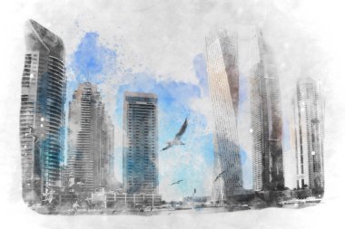 Dubai marinası, Birleşik Arap Emirlikleri. Modern şehir silüeti üzerinde gün doğumu.