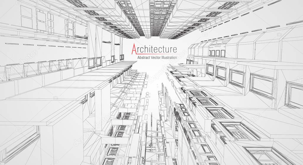 Modern architecture wireframe. Concept of urban wireframe. Wireframe building illustration of architecture CAD
