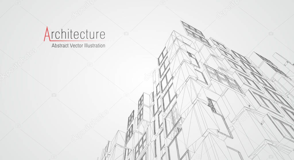 Modern architecture wireframe. Concept of urban wireframe. Wireframe building illustration of architecture CAD drawing.