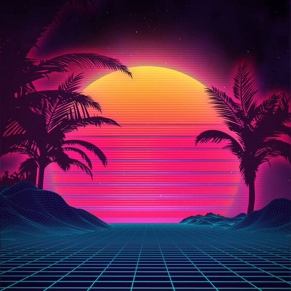 Retro background futuristic landscape 1980s style. Digital retro landscape cyber surface. 80s party background . Retro 80s fashion Sci-Fi Background Summer Landscape.