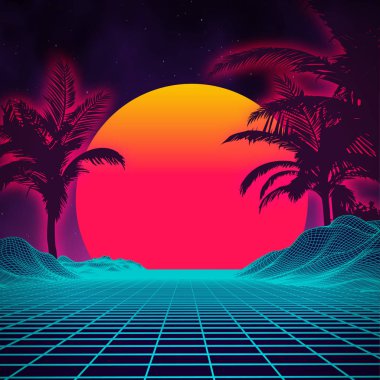 Palmiye ağacı silueti 1980'lerin tarzı ile Retro arka plan fütüristik manzara. Dijital retro palmiye manzara siber yüzey. Retro müzik albüm kapağı şablonu güneş, uzay, dağlar . 80s Retro Sci-Fi