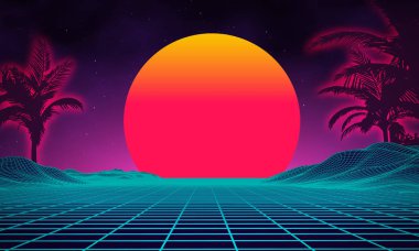 Palmiye ağacı silueti 1980'lerin tarzı ile Retro arka plan fütüristik manzara. Dijital retro palmiye manzara siber yüzey. Retro müzik albüm kapağı şablonu güneş, uzay, dağlar . 80s Retro Sci-Fi