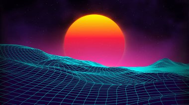 Geçmişe dönük fütüristik manzara 1980 'ler tarzı. Dijital retro peyzaj siber yüzeyi. Retro albüm kapağı şablon güneş, uzay, dağlar. 80 'lerin Retro bilim kurgu arka planı yaz manzarası.