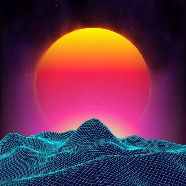 Fondo retro paisaje futurista estilo de los años 80. Superficie cibernética digital de paisaje retro. Retro álbum de música cubierta plantilla sol, espacio, montañas. 80s Retro Sci-Fi fondo paisaje de verano. — Vector de stock