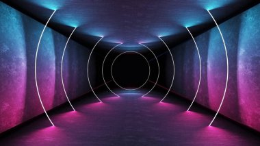 Gece kulübü iç ışıklar lazer gösterisi için 3d render. Parlayan çizgiler. Soyut floresan arka plan. Neon oda koridoru arka plan. Işık soyut fütüristik tasarım. Modern geometrik parıltı iç