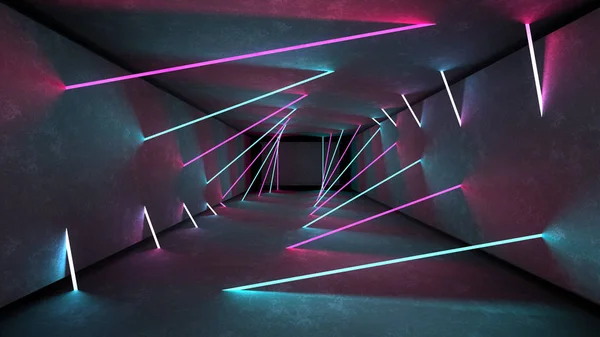 Nachtclub Innenbeleuchtung 3D-Render für Lasershow. Leuchtende Linien. abstrakte fluoreszierende Hintergrund. Neon Zimmer Flur Hintergrund. leichtes abstraktes futuristisches Design. modernes geometrisches Glühen — Stockfoto