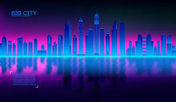 Retro wave background80s. City80s future retro synth illustration city bay with reflection in water. Beach poster futuristic background. Retro laser city cyber concept. Futuristic city with purple — Stock Vector