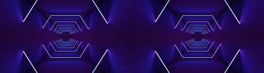 Gece kulübü iç ışıklar lazer gösterisi için 3d render. Parlayan çizgiler. Soyut floresan arka plan. Neon oda koridoru arka plan. Işık soyut fütüristik tasarım. Modern geometrik parıltı iç
