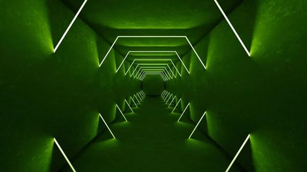 Night Club belső zöld fények 3D renderelés a lézer show. Ragyogó zöld vonalak. Elvont fluoreszkáló zöld háttér. Zöld neon szoba folyosó hátterét. Light absztrakt futurisztikus design. Modern — Stock Fotó
