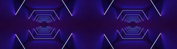 Νυχτερινό κέντρο εσωτερικών φώτων 3D απόδοση για λέιζερ Show. Λαμπερές γραμμές. Αφηρημένο φόντο φθορισμού. Φόντο διαδρόμου στο δωμάτιο νέον. Ελαφρύ αφηρημένο φουτουριστικό σχέδιο. Σύγχρονη γεωμετρική λάμψη εσωτερικό — Φωτογραφία Αρχείου