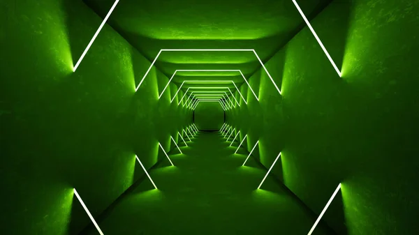 Club nocturno interior luces verdes 3d render para el espectáculo de láser. Líneas verdes brillantes. Fondo verde fluorescente abstracto. Fondo del corredor de la sala de neón verde. Diseño futurista abstracto ligero. Moderno —  Fotos de Stock