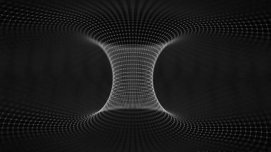 Soyut 3D yüzey huni gibi görünüyor. Fütüristik teknoloji tarzı. Perspektif ızgara arka plan doku. Illüstrasyon. Futuristik 3D Portal. Uzay-zaman portalı 3D görselleştirme. Tel kafes tüneli.