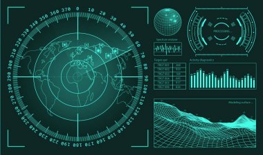 Oyun oluşturma veya görüntü bindirme için Fütüristik kullanıcı arayüzü Hud teknoloji elemanları. Bilimkurgu vektör tasarım seti