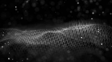 Ağ bağlantısı kavramı siyah arkaplan illüstrasyonu. Geleceğin altıgen perspektifi geniş açı manzarası. Gelecekçi bal peteği konsepti. 3D manzara. Büyük veri dijital arkaplanı.