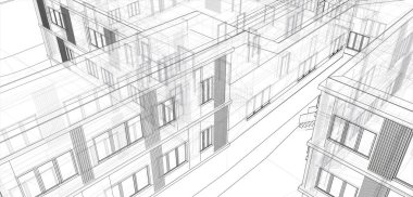 Mimari, herhangi bir amaç için büyük tasarım. 3d illüstrasyon mimari kentsel şehir modern bina perspektif soyut arka plan. Kentsel bina vektör illüstrasyon.