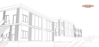 Mimari, herhangi bir amaç için büyük tasarım. 3d illüstrasyon mimari kentsel şehir modern bina perspektif soyut arka plan. Kentsel bina vektör illüstrasyon.