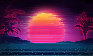 Koyu arka plan üzerinde retro glitch ile Vintage poster. Teknoloji arka plan kavramının modern deseni. Cyberpunk glitch arka plan, synthwave tarzı illüstrasyon.