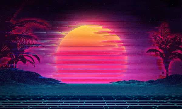 Cartel vintage con fallo retro sobre fondo oscuro. Modelo moderno de concepto de fondo de la tecnología. Fondo de fallo en cyberpunk, ilustración de estilo synthwave . — Foto de Stock