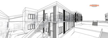 Mimari, herhangi bir amaç için büyük tasarım. 3d illüstrasyon mimari kentsel şehir modern bina perspektif soyut arka plan. Kentsel bina vektör illüstrasyon.