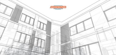 Mimari, herhangi bir amaç için büyük tasarım. 3d illüstrasyon mimari kentsel şehir modern bina perspektif soyut arka plan. Kentsel bina vektör illüstrasyon.