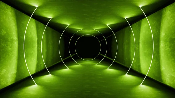 Gece kulübü iç yeşil ışıklar lazer gösterisi için 3d render. Parlayan yeşil çizgiler. Soyut floresan yeşil arka plan. Yeşil neon oda koridorarka plan. Işık soyut fütüristik tasarım. Modern — Stok fotoğraf