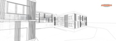 Mimari, herhangi bir amaç için büyük tasarım. 3d illüstrasyon mimari kentsel şehir modern bina perspektif soyut arka plan. Kentsel bina vektör illüstrasyon.