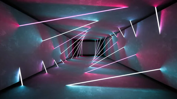 Nachtclub Innenbeleuchtung 3D-Render für Lasershow. Leuchtende Linien. abstrakte fluoreszierende Hintergrund. Neon Zimmer Flur Hintergrund. leichtes abstraktes futuristisches Design. modernes geometrisches Glühen — Stockfoto