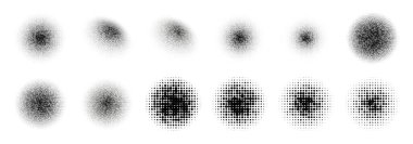 12. YarıTonlama Çemberi Büyük Set. Popart grange klipsi. Soyut yarım tonlu daire vektörü. Beyaz arkaplan vektörü üzerinde yarım ton daire noktalarının sanatsal sanat tasarımı.