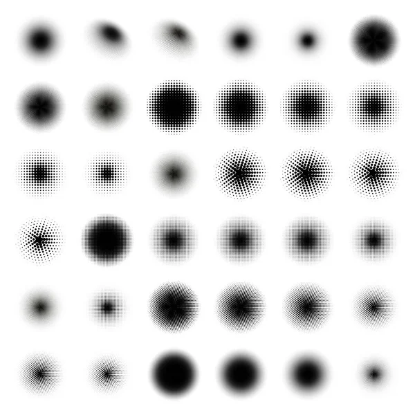 36 Halftone Circle BIG Set. Popart grange clipart. Abstrakt rund halvcirkel vektor. Konstverk design av halvton cirkel prickar på vit bakgrund vektor uppsättning. — Stock vektor