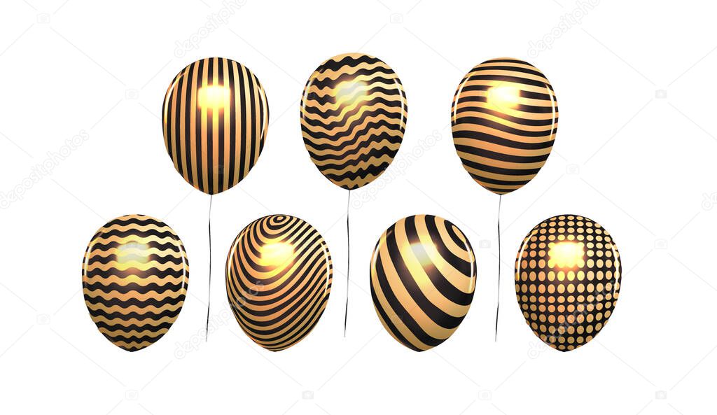 Gold balloons isolated on white background. Celebration holiday decoration clip art. Birthday party carnival background. Surprise golden balloons flying and shiny. Vector illustration Eps 10.