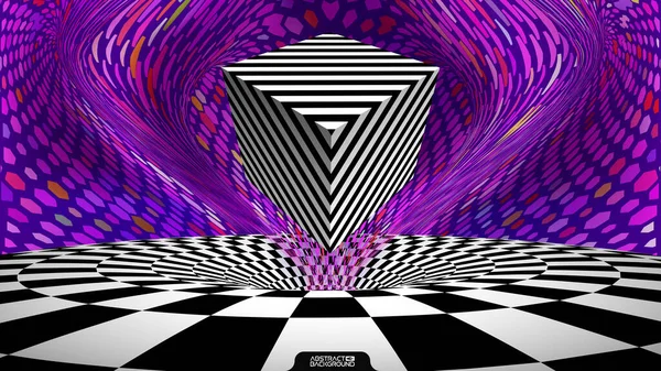 Cube d'illusion optique. rétro op art violet vague de fond. Illustration vectorielle. — Image vectorielle