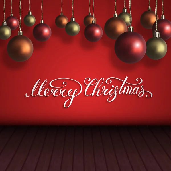 Feliz Natal lettering com vermelho, laranja, bolas de Natal de ouro na parede de madeira. Composição de Ano Novo. Ilustração vetorial — Vetor de Stock