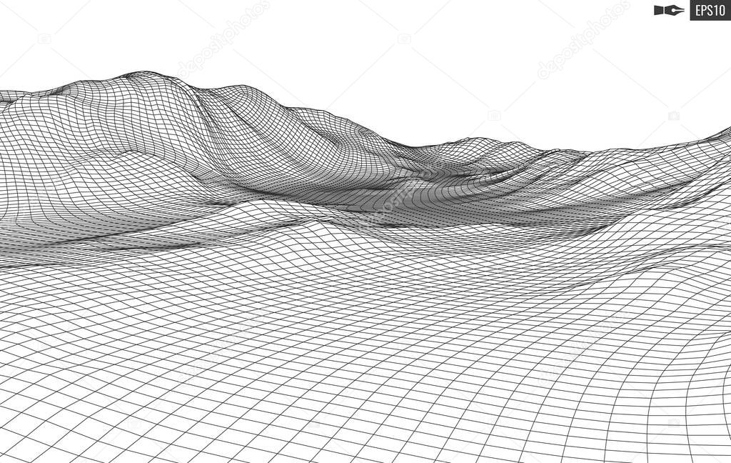 Abstract vector landscape background. Cyberspace grid. 3d technology illustration.