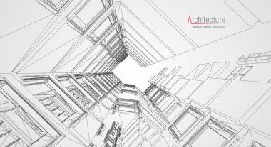 Mimarlık geçmişi var. Çizim vektörü özeti oluşturuyorum. Modern şehir 3D projesi. Teknoloji geometrik ızgarası. Kablo planlama evi. Dijital mimari yenilik kablo çerçevesi.