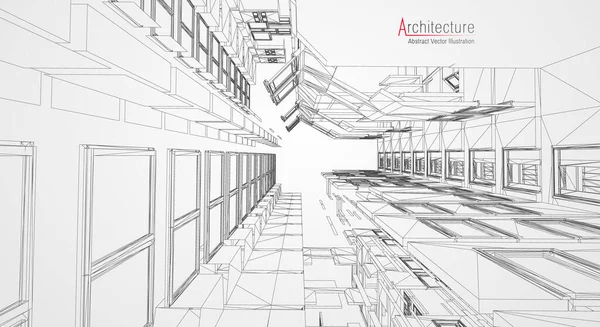 Arkitektur linje bakgrund. Byggnadsskiss vektor abstrakt. Moderna staden 3D-projekt. Tekniskt geometriskt rutnät. Wire ritning hus. Digital arkitektur innovation wireframe. — Stock vektor