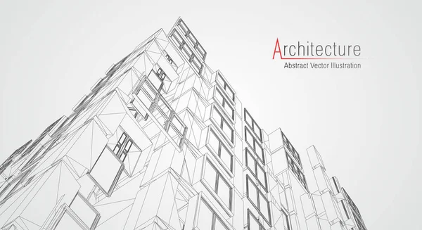 Fondo de línea de arquitectura. Construcción del edificio bosquejo vector abstracto. Proyecto de ciudad moderna 3d. Tecnología de rejilla geométrica. Casa de planos de alambre. Arquitecto digital innovación wireframe. — Archivo Imágenes Vectoriales