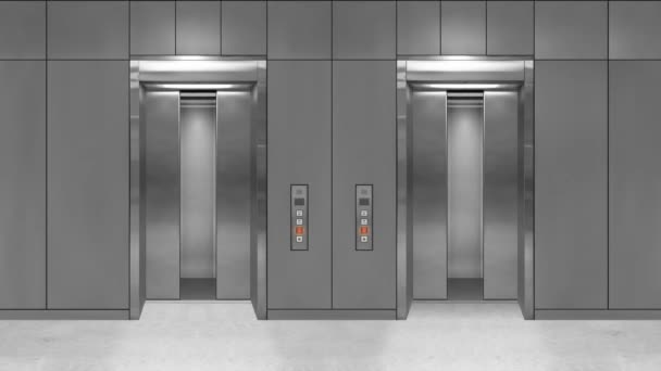 철문을 여는 엘리베이터 문이 열려 있고 내부 엘리베이터가 보인다. 회색 벽이 있는 사무실 건물. — 비디오