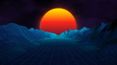 Sentetik kablo şeması manzarası. Güneş ızgaranın üzerinde. 80 'lerin tarzı geçmişe dönük fütürizm. Retro dalga ufku manzarası. 80 'lerin geçmişe dönük fütürist bilim kurgusu. Biçimlendirilmiş vintage buhar dalgası 3 boyutlu canlandırma arkaplanı