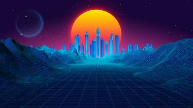 Sentetik kablo şeması manzarası. Şehrin üzerinde gün batımı. 80 'lerin tarzı geçmişe dönük fütürizm. Retro dalga ufku manzarası. 80 'lerin geçmişe dönük fütürist bilim kurgusu. Biçimlendirilmiş vintage buhar dalgası 3 boyutlu canlandırma arkaplanı
