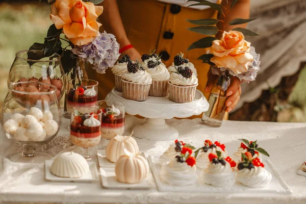 Delicious Wedding Reception Candy Bar Dessert Table Garden — Stock Photo, Image