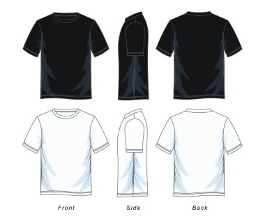 Erkekler kısa kollu yuvarlak boyun t-shirt şablonları, ön, yan ve arka sayısı. Siyah beyaz türevleri. Vektör çizim.