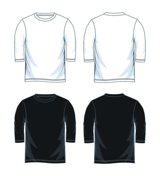 Mannen Driekwart Mouwen Shirt Sjablonen Front Back Weergaven Zwart Wit — Stockvector