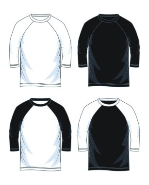Erkekler üç çeyrek kol raglan t-shirt şablon, ön gösterim. Vektör çizim. Siyah beyaz türevleri.